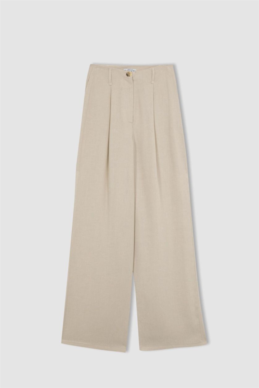 FEMME Beige Pantalon Lin Mélangé Jambes larges