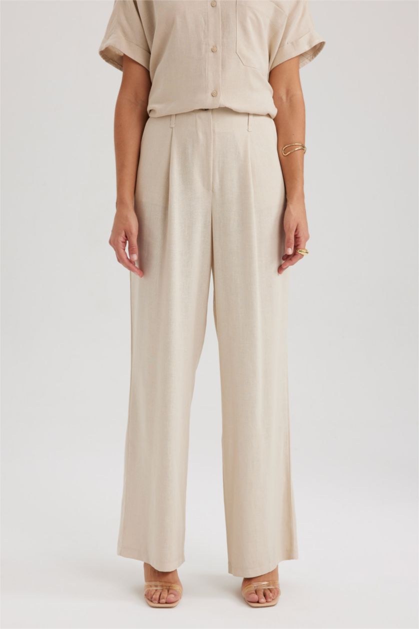 FEMME Beige Pantalon Lin Mélangé Jambes larges