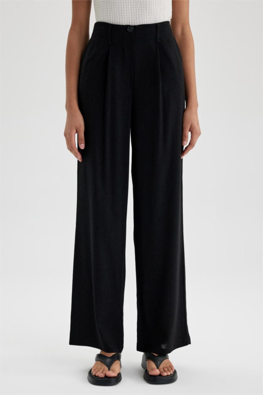 WOMAN Black Wide Leg Linen Blended Trousers