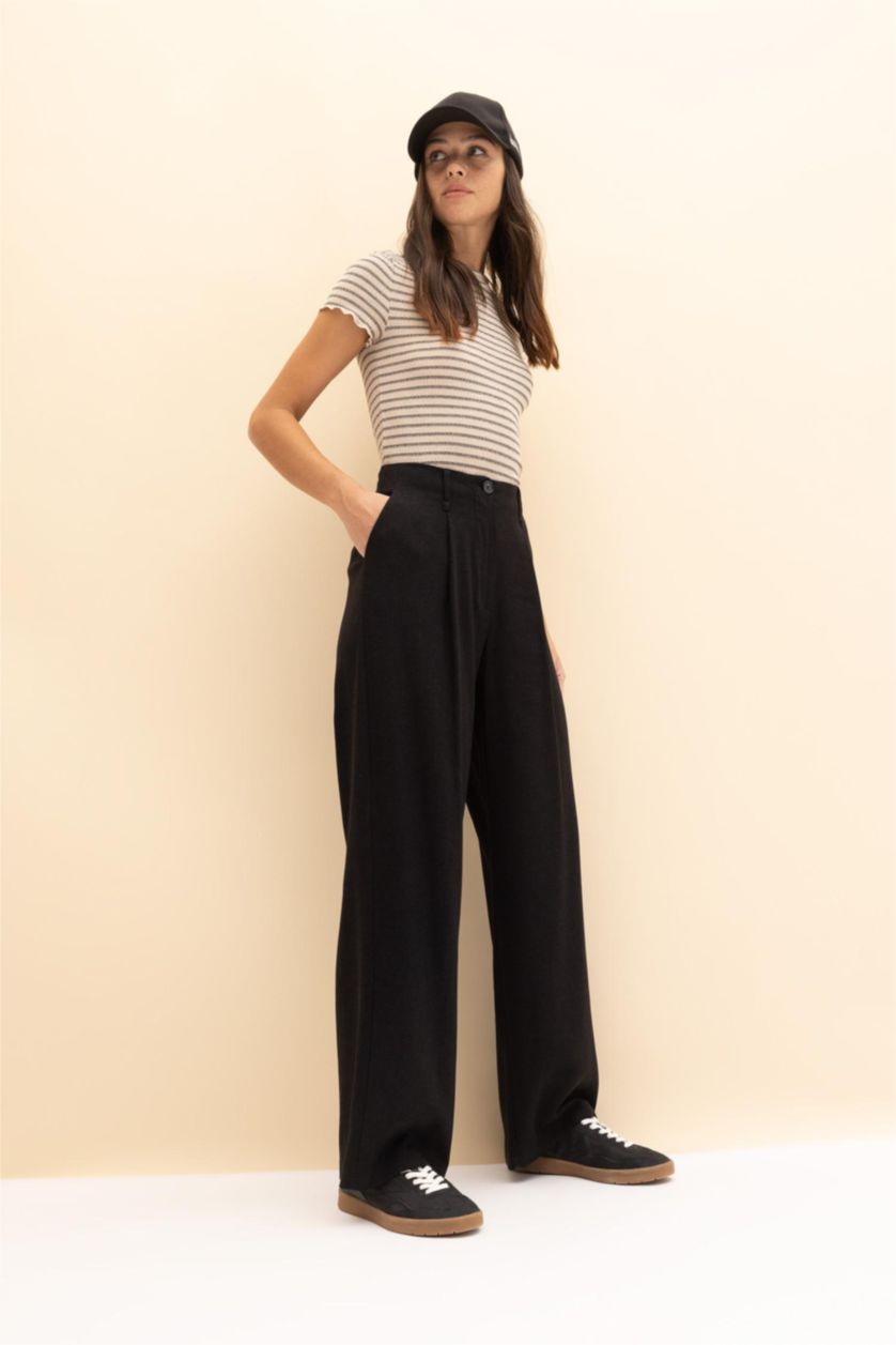 WOMAN Black Wide Leg Linen Blended Trousers
