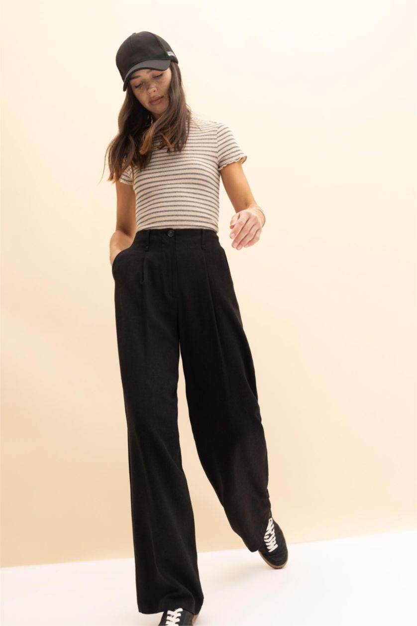 WOMAN Black Wide Leg Linen Blended Trousers
