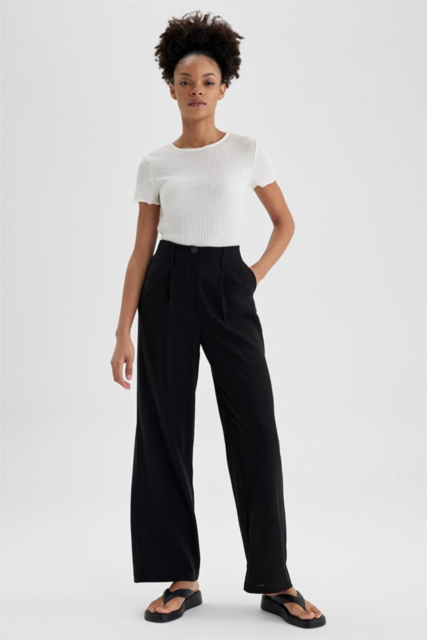 WOMAN Black Wide Leg Linen Blended Trousers