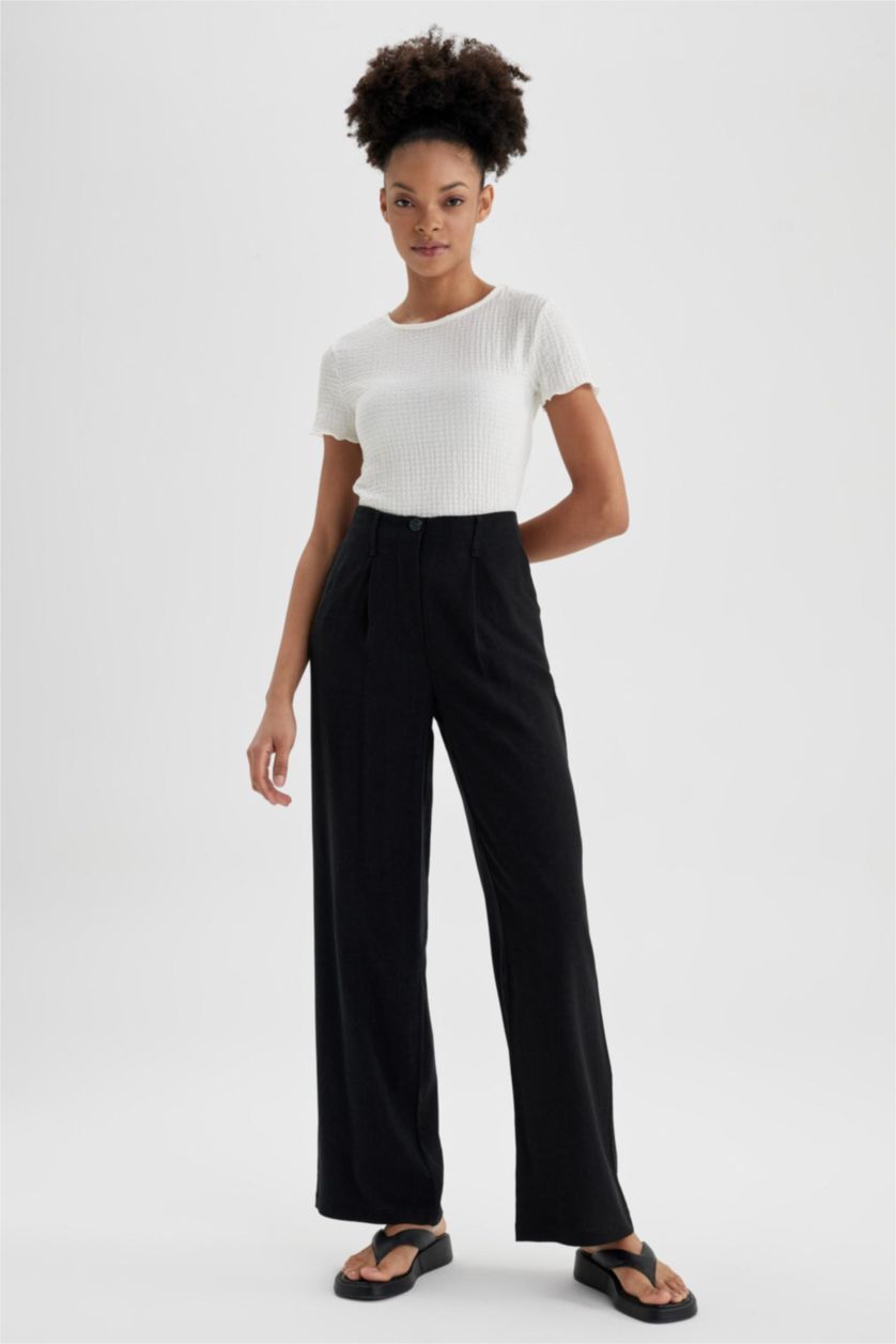 WOMAN Black Wide Leg Linen Blended Trousers