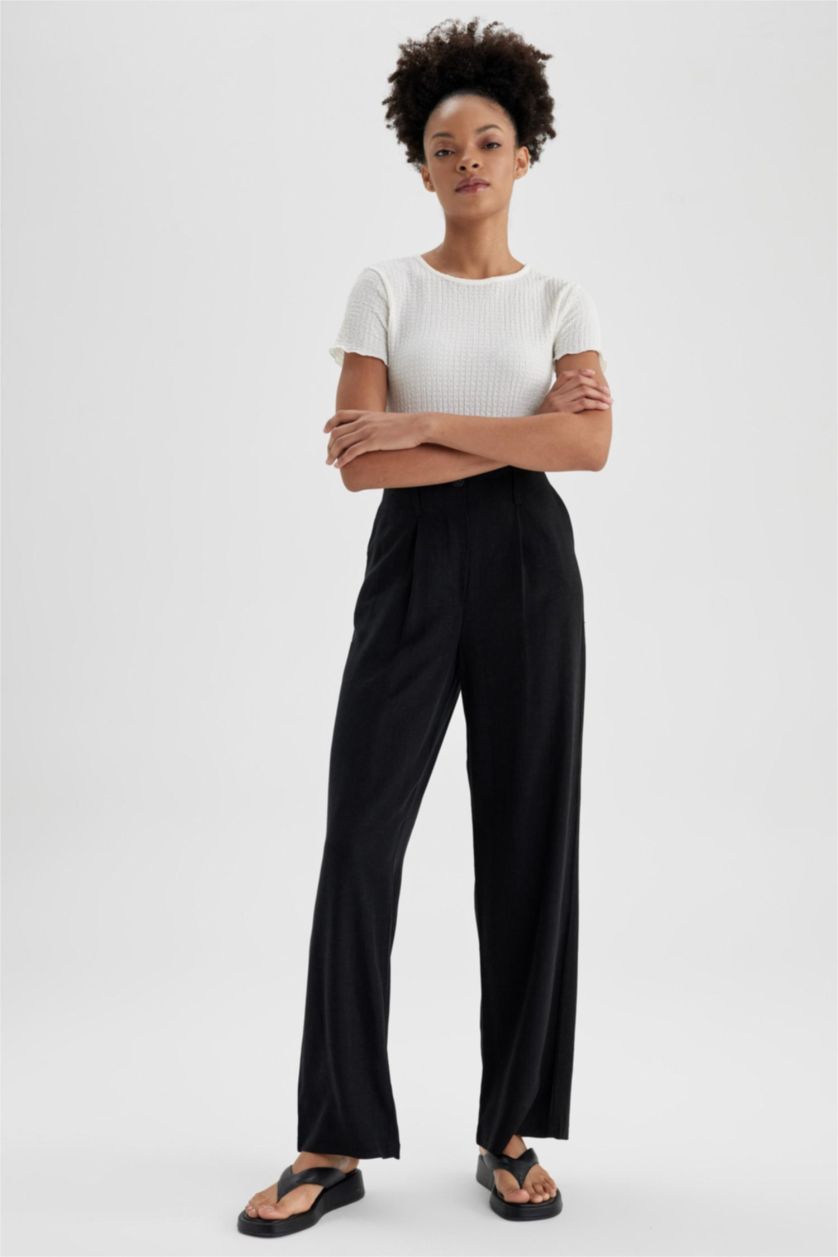WOMAN Black Wide Leg Linen Blended Trousers