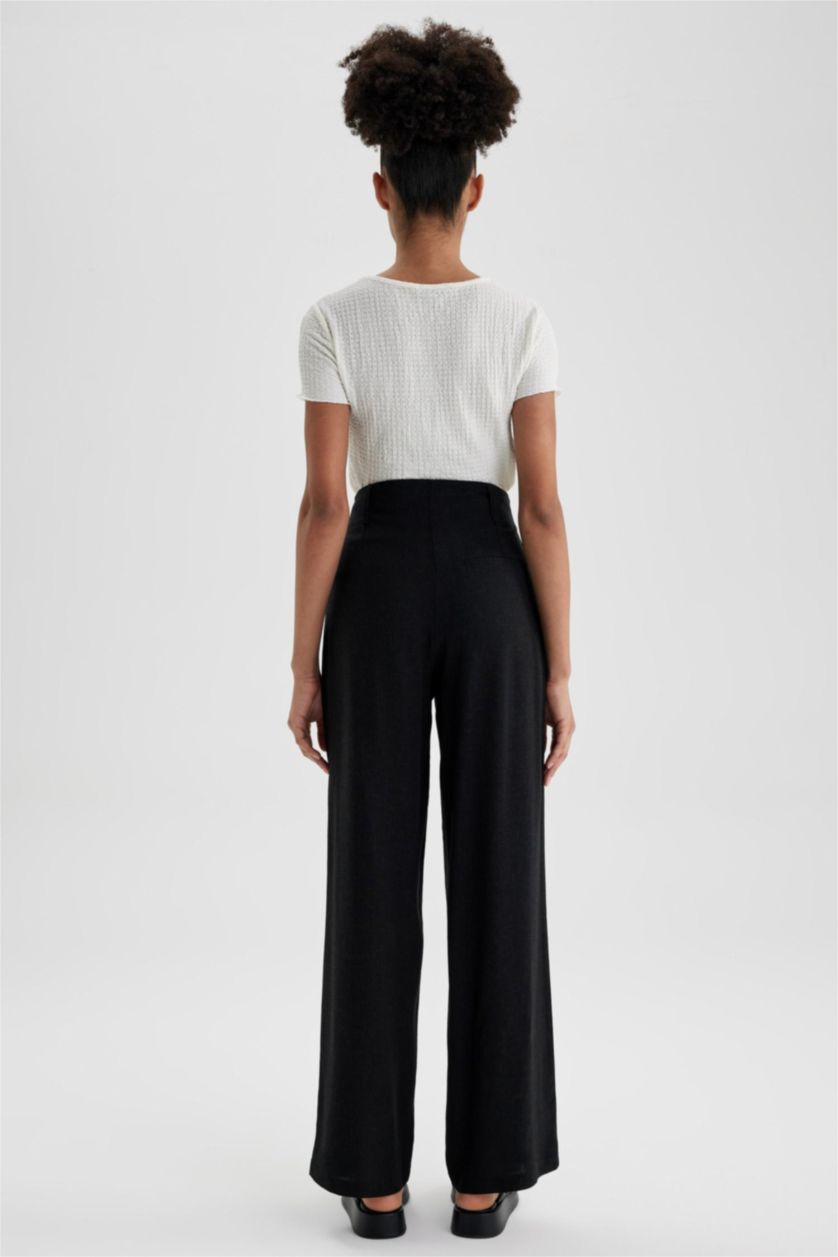 WOMAN Black Wide Leg Linen Blended Trousers