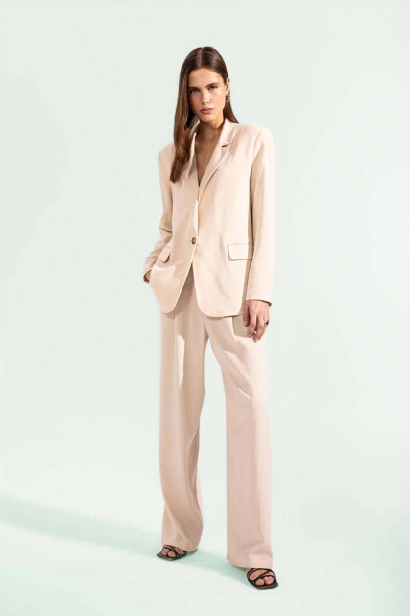 Kadın Bej Keten Karışımlı Palazzo Pantolon Wide Leg Çift Cepli Yüksek Bel Geniş Bol Paça