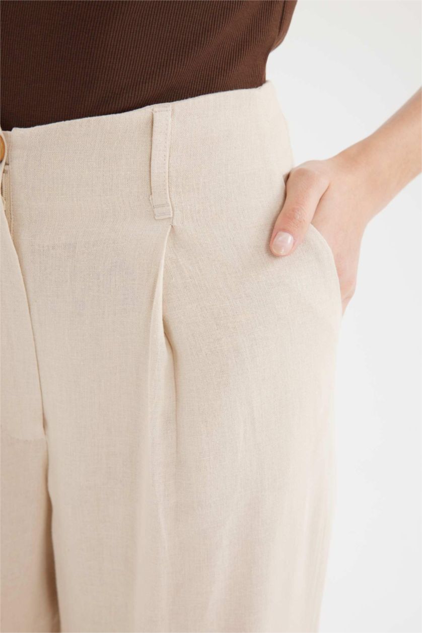 Kadın Bej Keten Karışımlı Palazzo Pantolon Wide Leg Çift Cepli Yüksek Bel Geniş Bol Paça