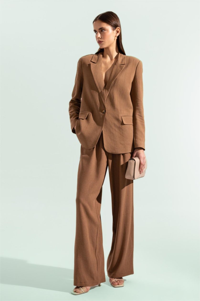 WOMAN Brown Wide Leg Double Pocket Linen Blended Trousers