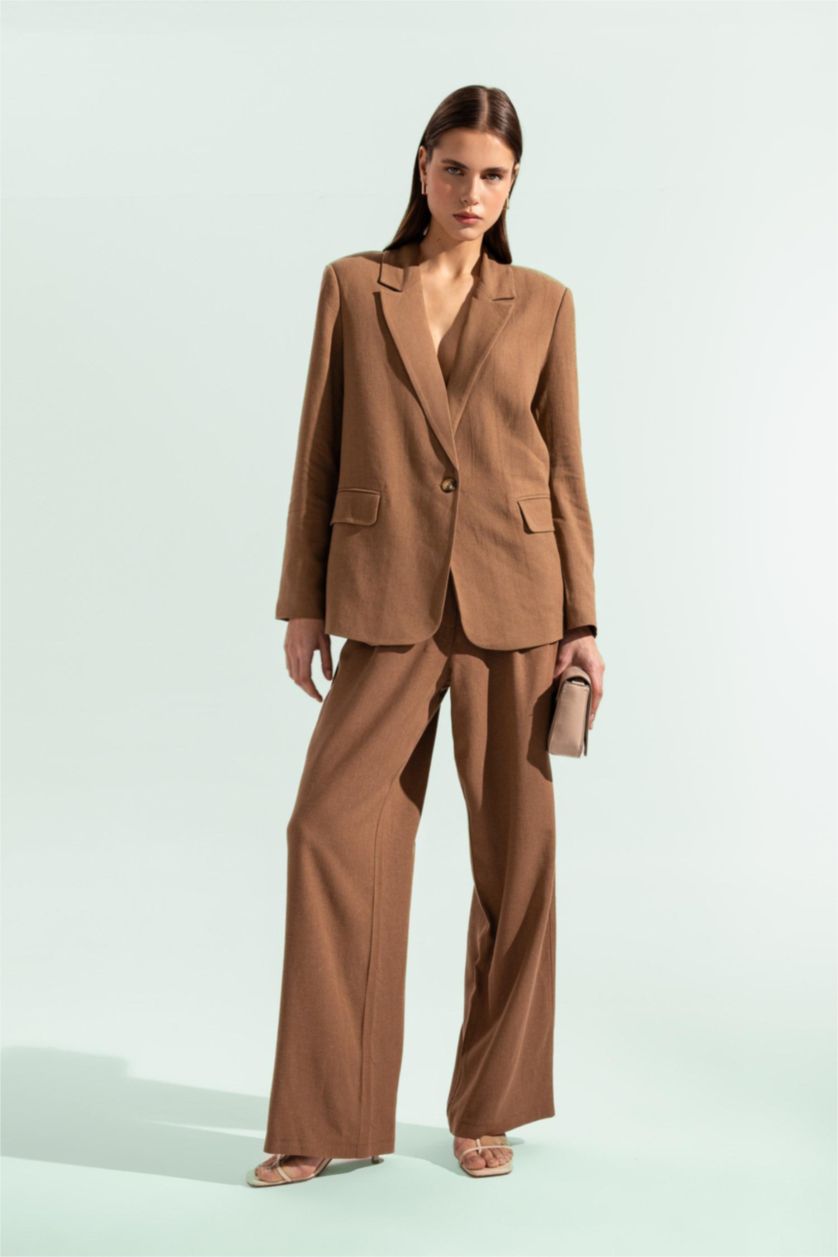 WOMAN Brown Wide Leg Double Pocket Linen Blended Trousers
