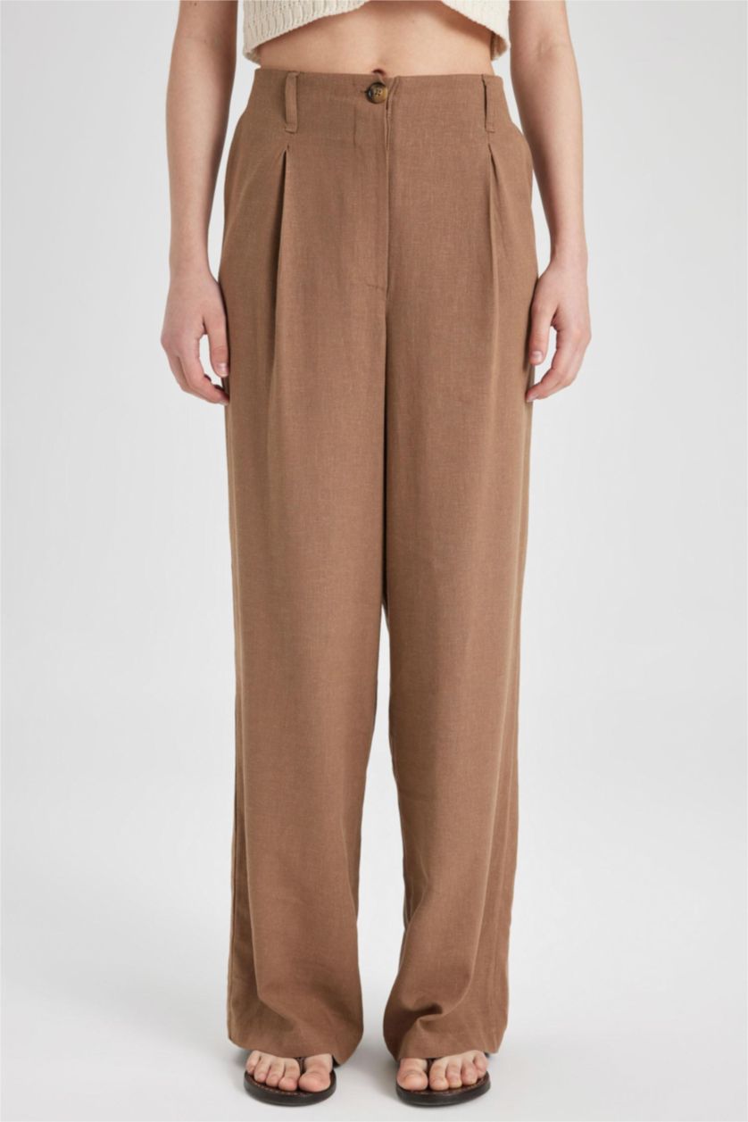WOMAN Brown Wide Leg Double Pocket Linen Blended Trousers