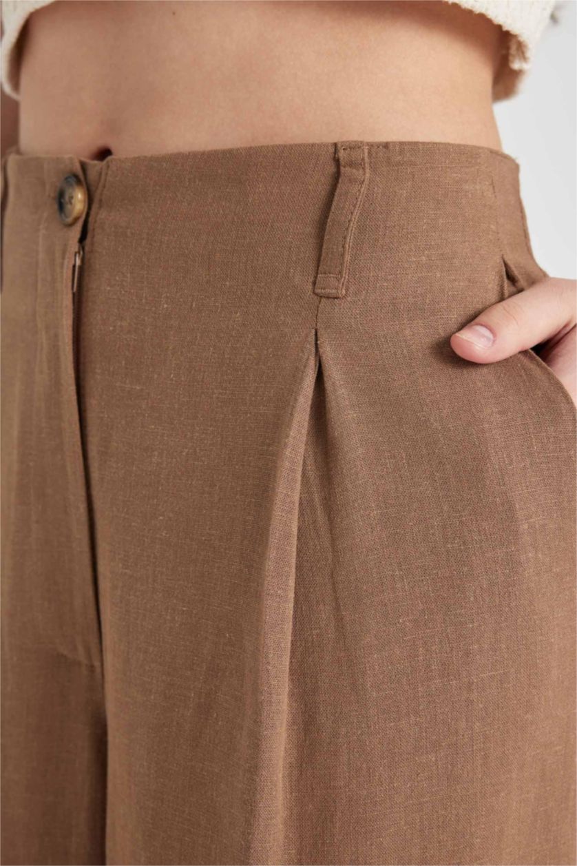 WOMAN Brown Wide Leg Double Pocket Linen Blended Trousers