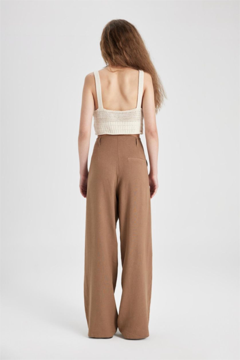 WOMAN Brown Wide Leg Double Pocket Linen Blended Trousers
