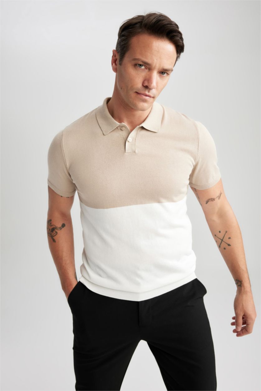 HOMME Beige T-Shirt Polo Coupe Moderne Col Polo