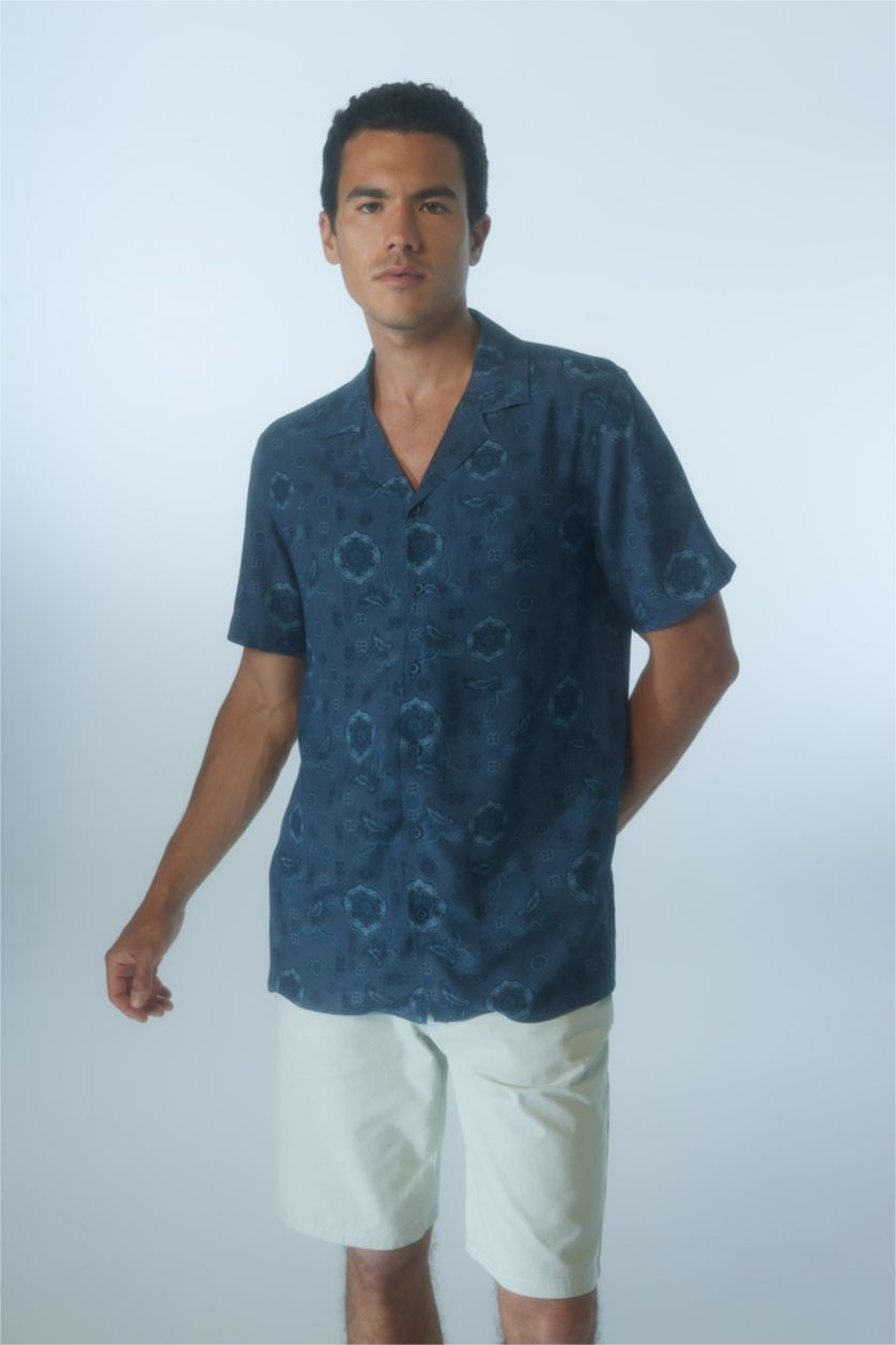 MAN NAVY Regular Fit Apache Neck Viscose Printed Short Sleeve Shirt