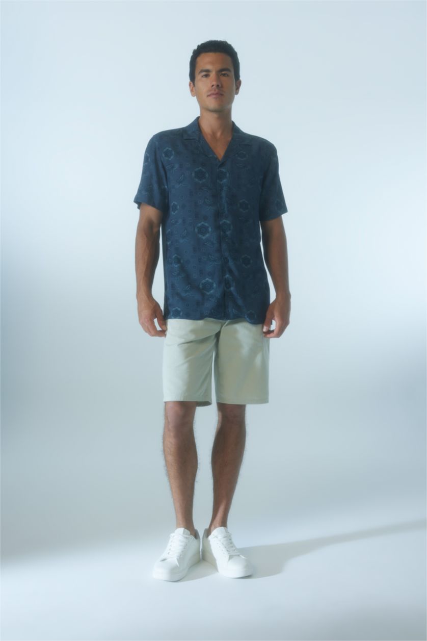 MAN NAVY Regular Fit Apache Neck Viscose Printed Short Sleeve Shirt