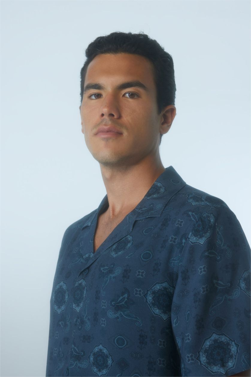 MAN NAVY Regular Fit Apache Neck Viscose Printed Short Sleeve Shirt