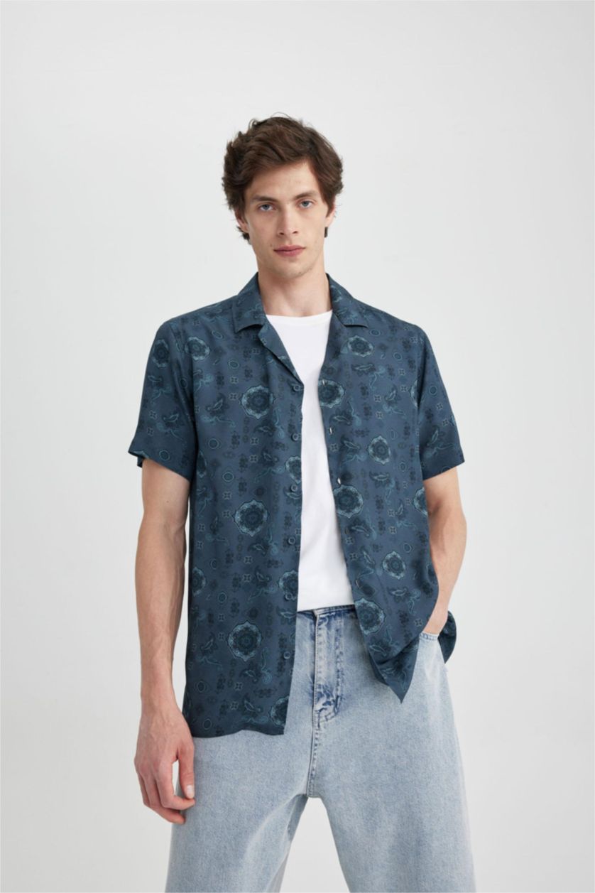 MAN NAVY Regular Fit Apache Neck Viscose Printed Short Sleeve Shirt