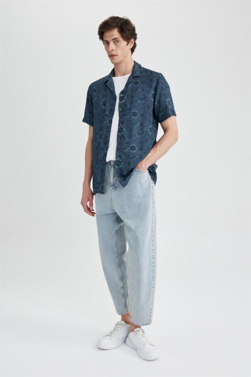 MAN NAVY Regular Fit Apache Neck Viscose Printed Short Sleeve Shirt