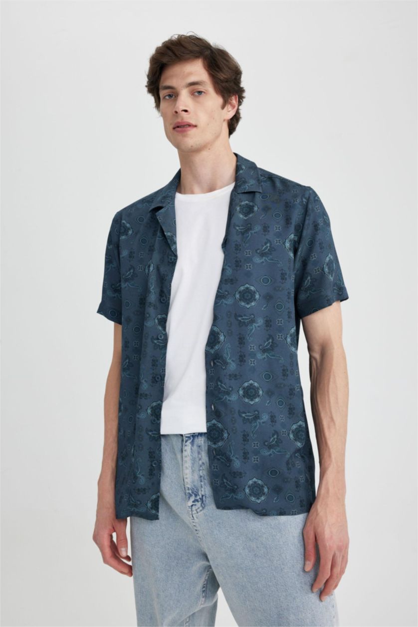 MAN NAVY Regular Fit Apache Neck Viscose Printed Short Sleeve Shirt