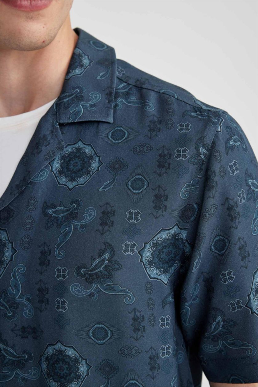 MAN NAVY Regular Fit Apache Neck Viscose Printed Short Sleeve Shirt