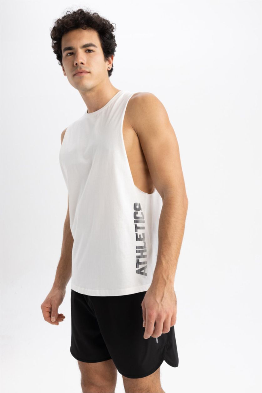 HOMME Écru Defacto Fit Débardeur D'Athlète Sans Manches İmprimé À Col Rond Et Coupe Ample
