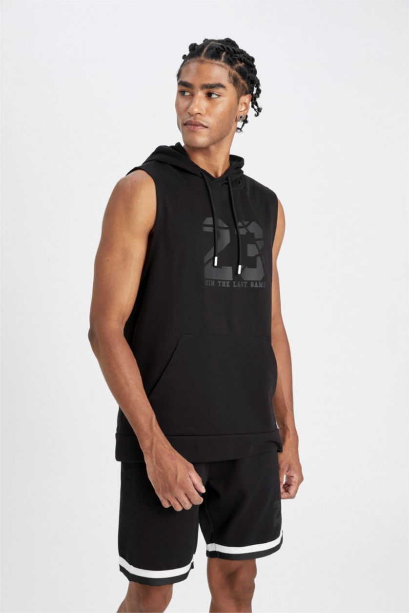 Erkek Siyah DeFactoFit Standart Fit Baskılı Kapüşonlu Atlet