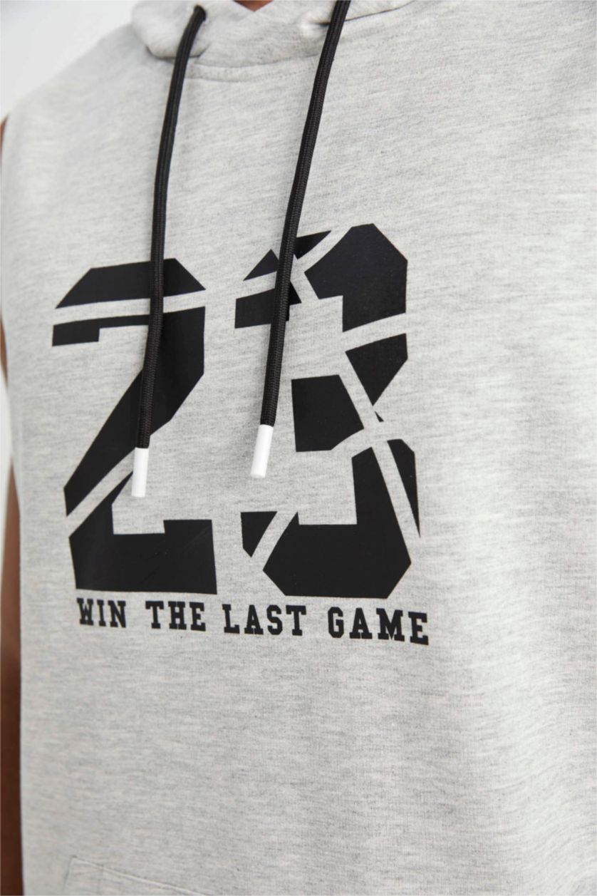 Erkek Gri Melanj DeFactoFit Standart Fit Baskılı Kapüşonlu Sporcu Atlet