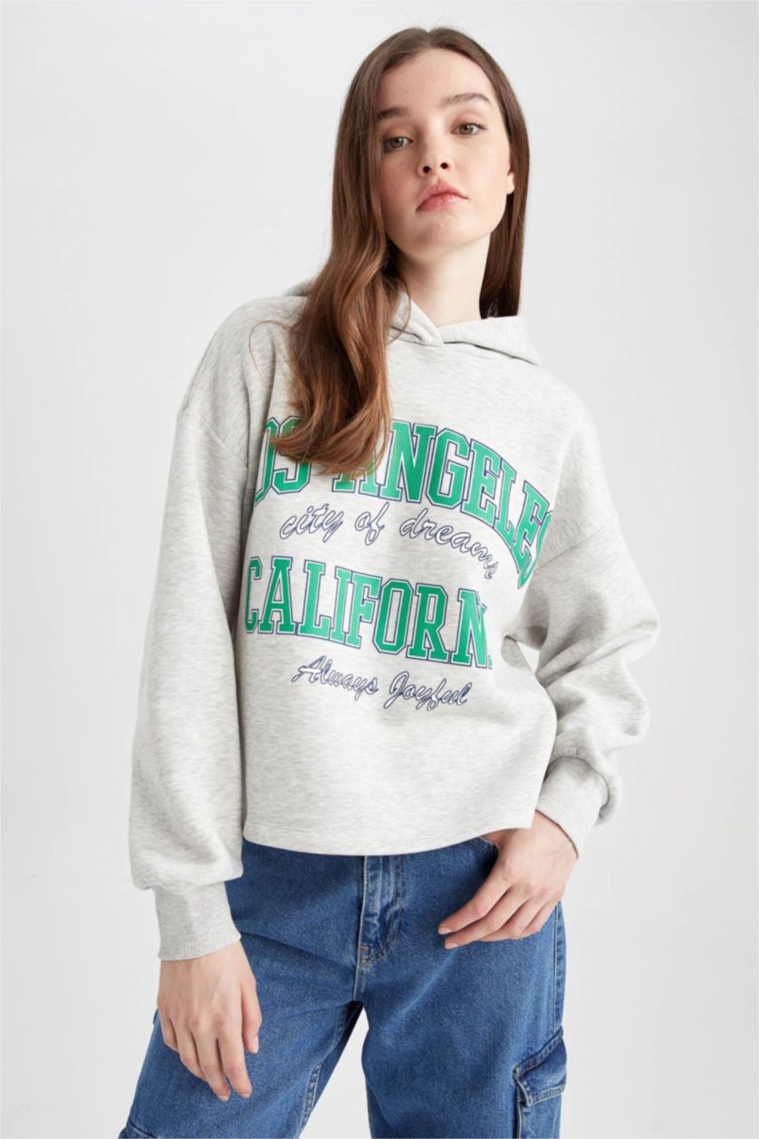 FEMME Gris Sweat- Shirt À capuche Slogan Manche Longue