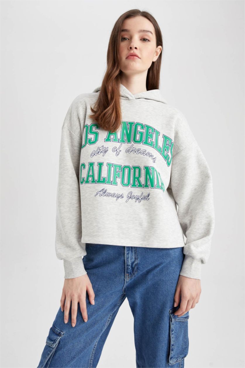 FEMME Gris Sweat- Shirt À capuche Slogan Manche Longue