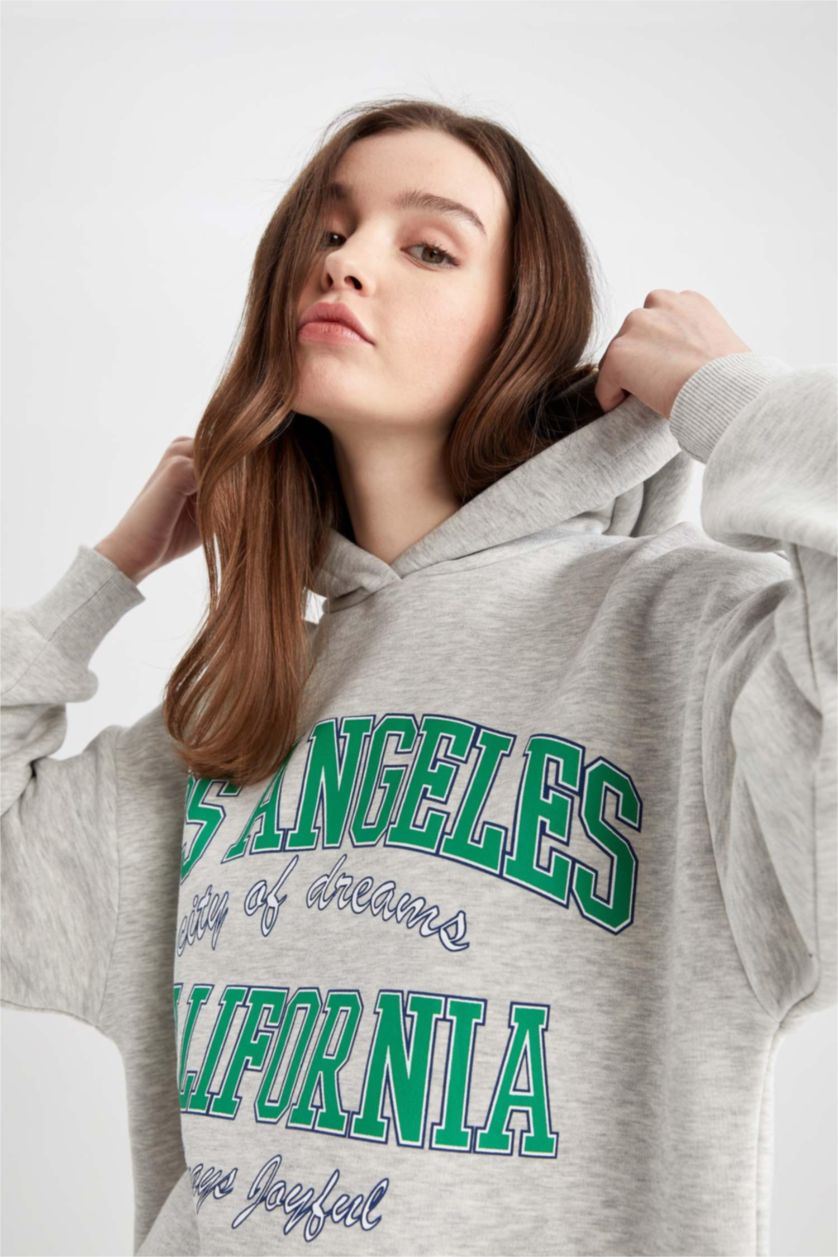 FEMME Gris Sweat- Shirt À capuche Slogan Manche Longue