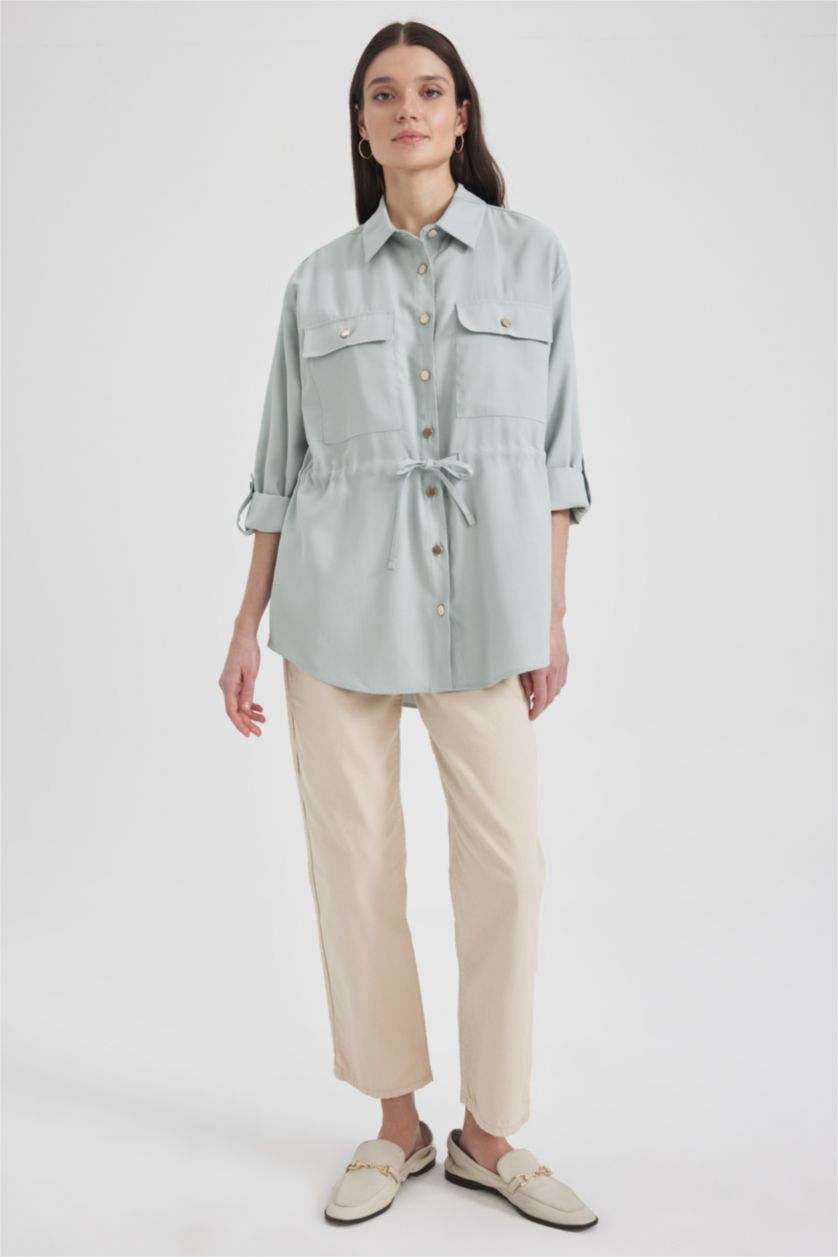 Kadın Mint Oversıze Dokulu Uzun Kollu Tunik