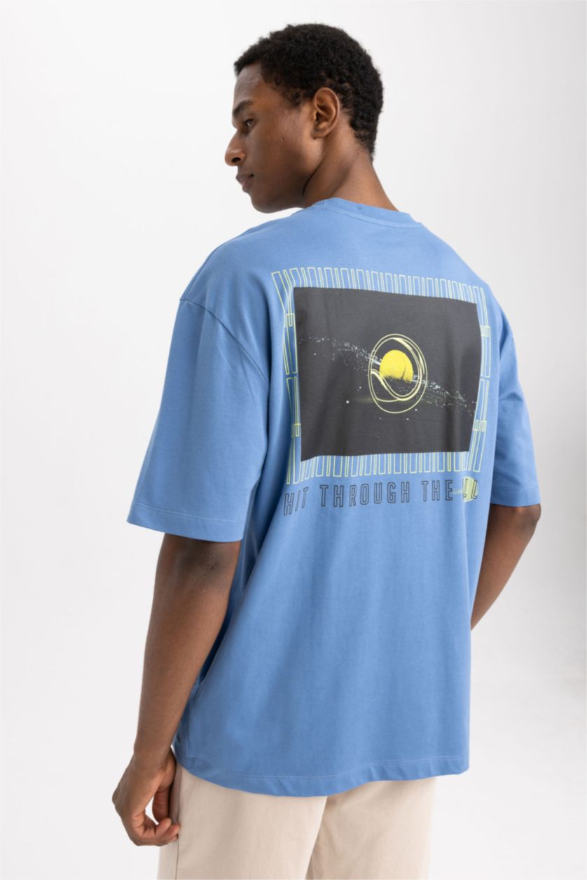 Man Dark Blue Defacto Fit Oversize Fit Crew Neck Printed T-Shirt