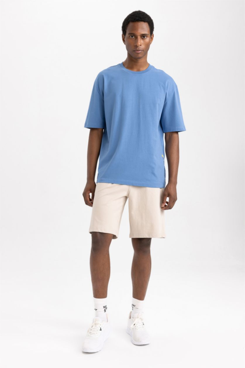 Man Dark Blue Defacto Fit Oversize Fit Crew Neck Printed T-Shirt