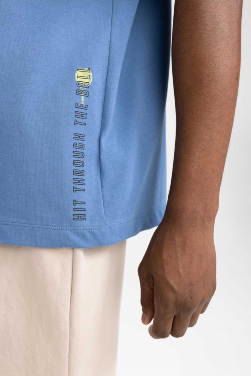 Man Dark Blue Defacto Fit Oversize Fit Crew Neck Printed T-Shirt