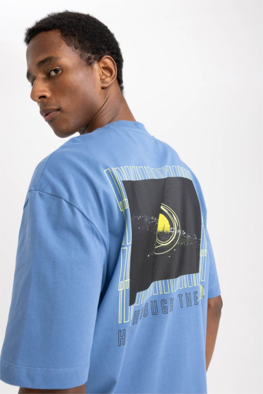 Man Dark Blue Defacto Fit Oversize Fit Crew Neck Printed T-Shirt