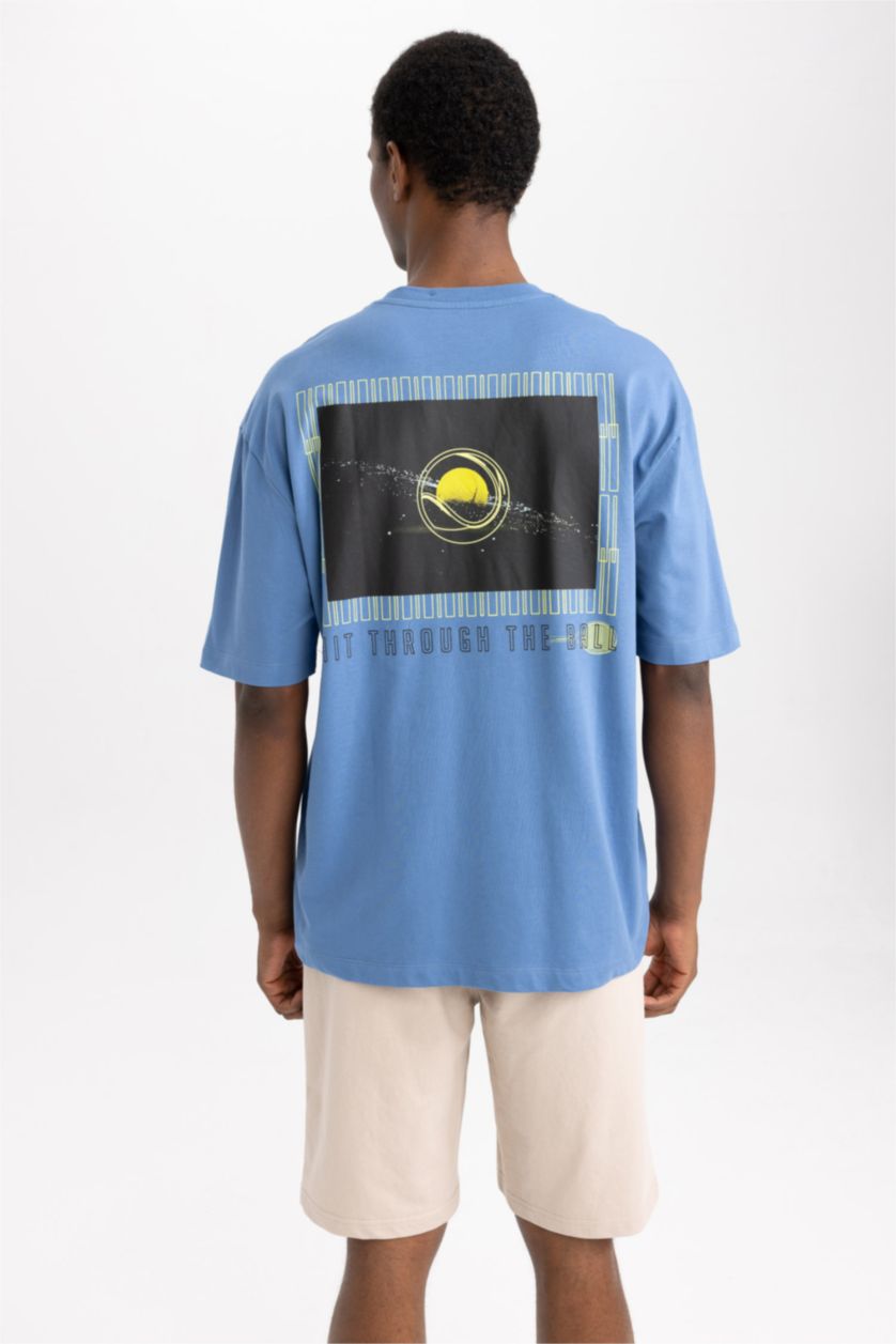Man Dark Blue Defacto Fit Oversize Fit Crew Neck Printed T-Shirt