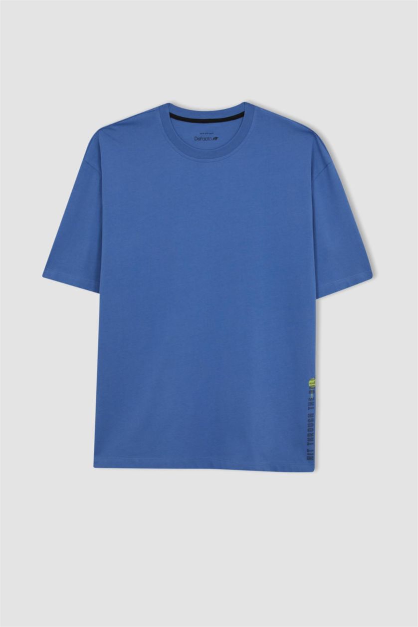 Man Dark Blue Defacto Fit Oversize Fit Crew Neck Printed T-Shirt