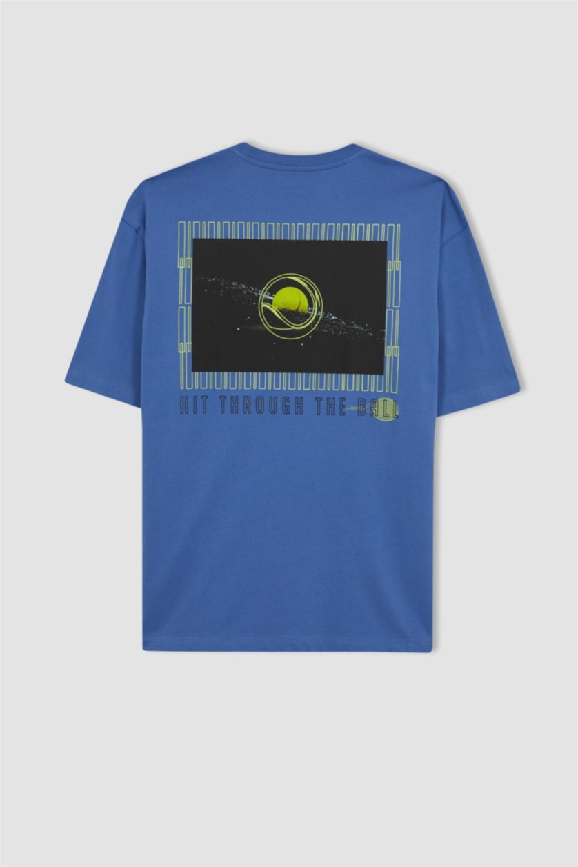 Man Dark Blue Defacto Fit Oversize Fit Crew Neck Printed T-Shirt