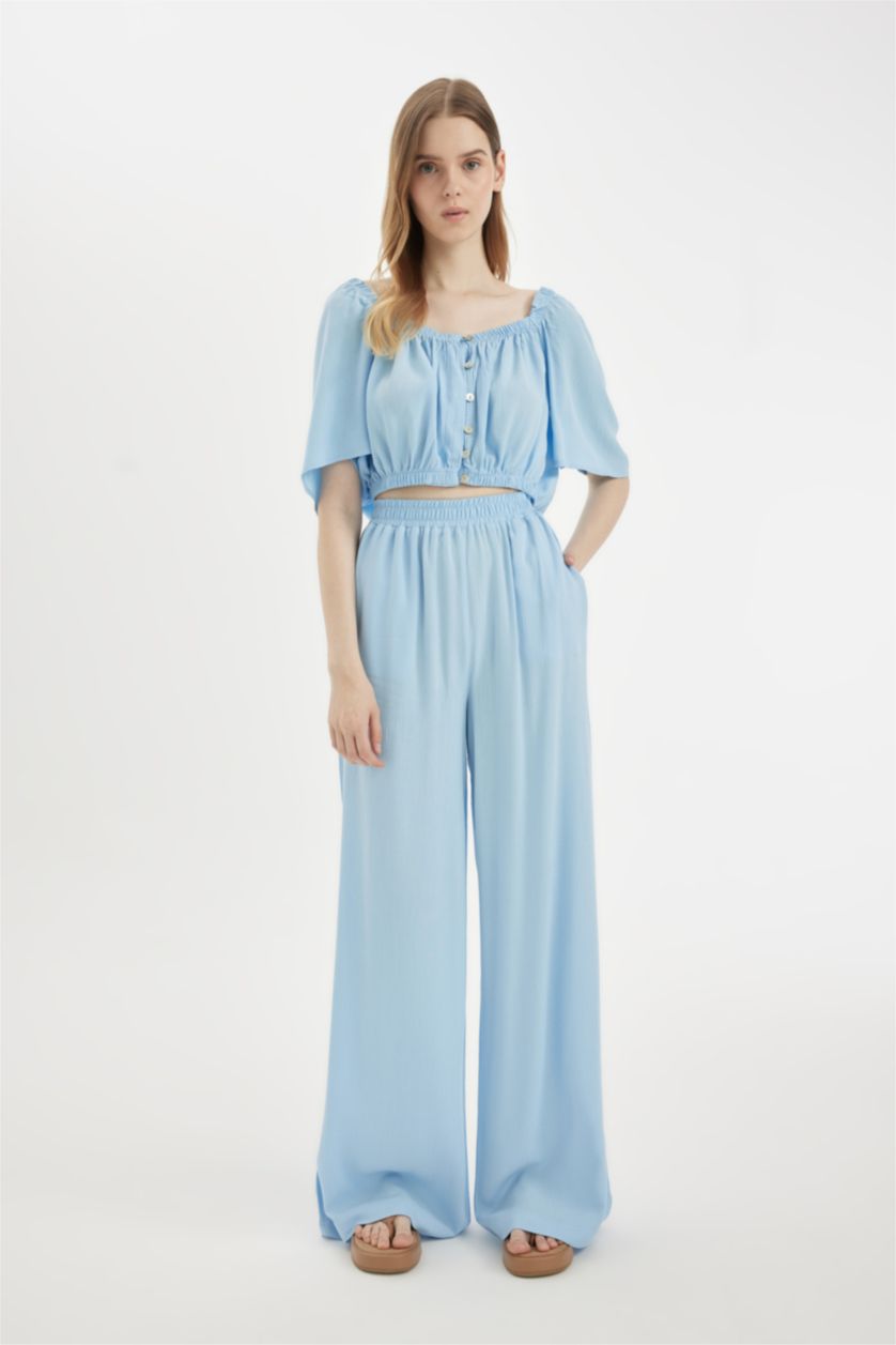 Woman Blue Wide Leg High Waist Standard Length Crinkle Viscose Trousers
