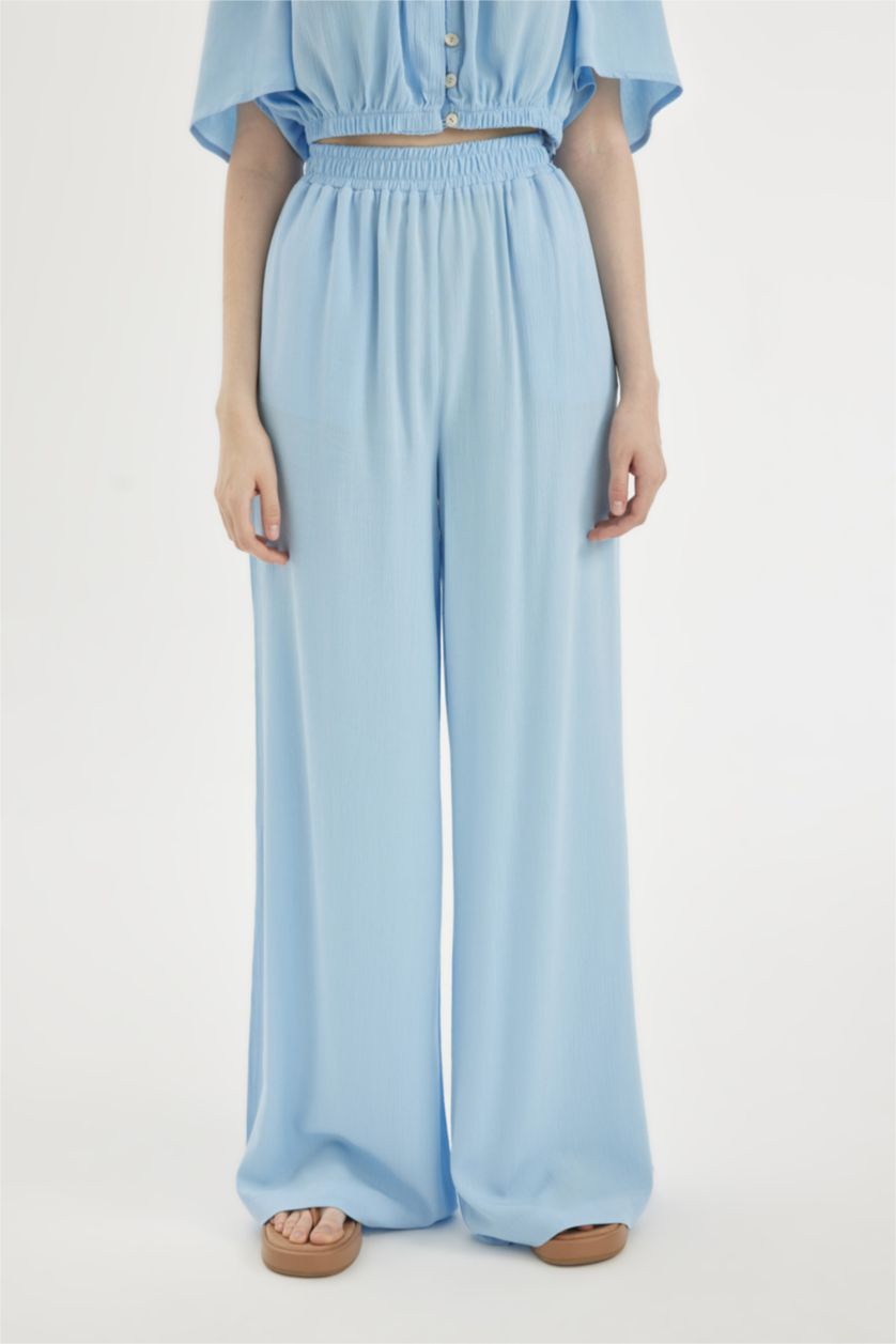 Woman Blue Wide Leg High Waist Standard Length Crinkle Viscose Trousers