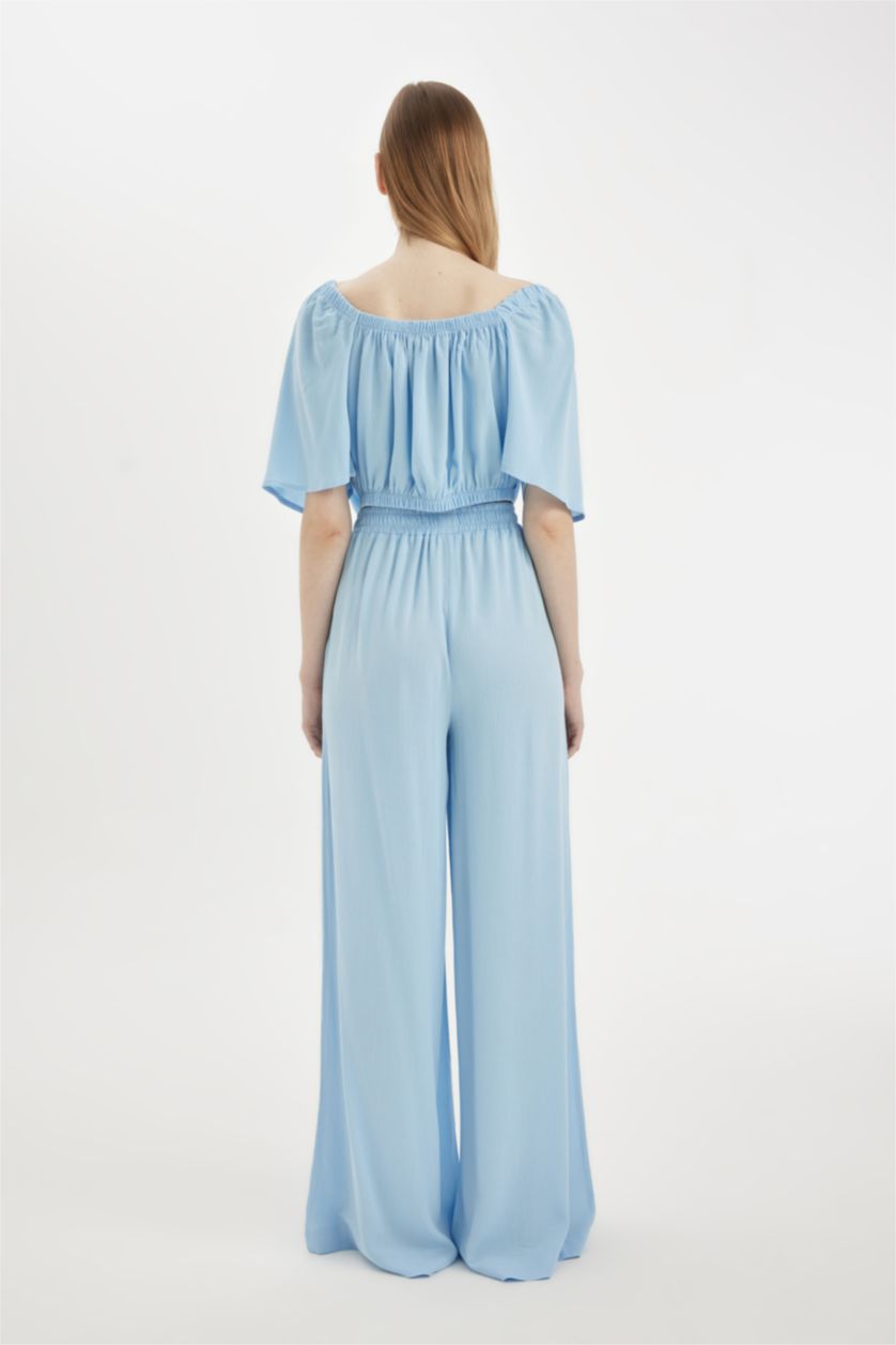 Woman Blue Wide Leg High Waist Standard Length Crinkle Viscose Trousers