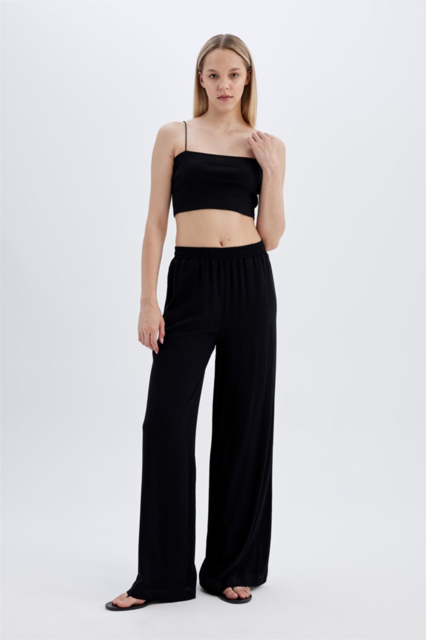 نساء أسود بنطرون فيسكوز برجل واسع وايد ليج وخصر عالي