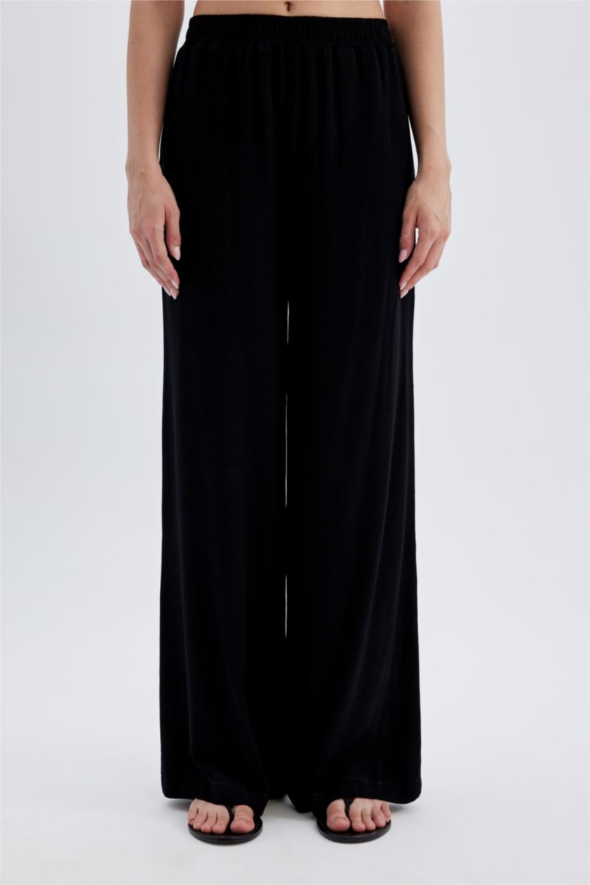 نساء أسود بنطرون فيسكوز برجل واسع وايد ليج وخصر عالي