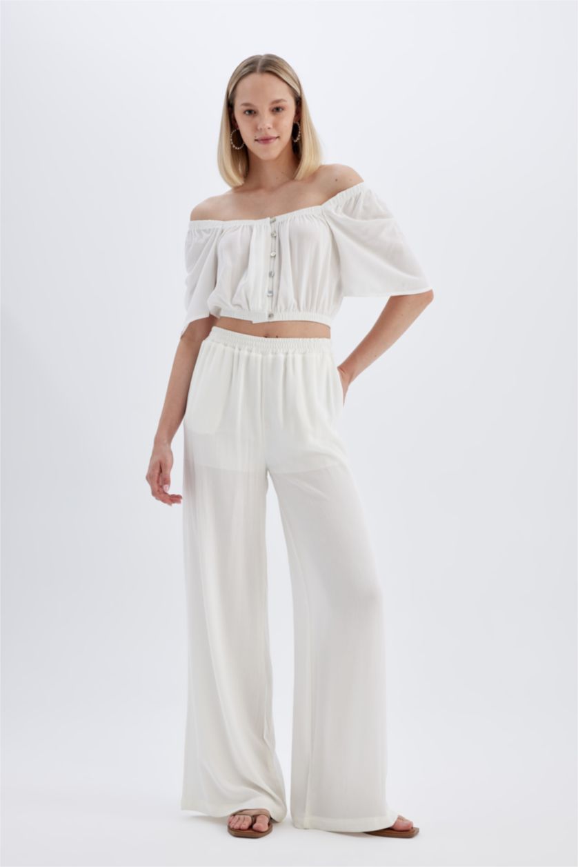 FEMME Blanc Pantalon Large Basique en Viscose à Taille Haute et Longueur Standard