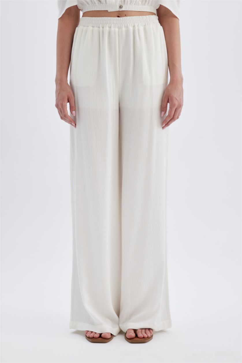 FEMME Blanc Pantalon Large Basique en Viscose à Taille Haute et Longueur Standard