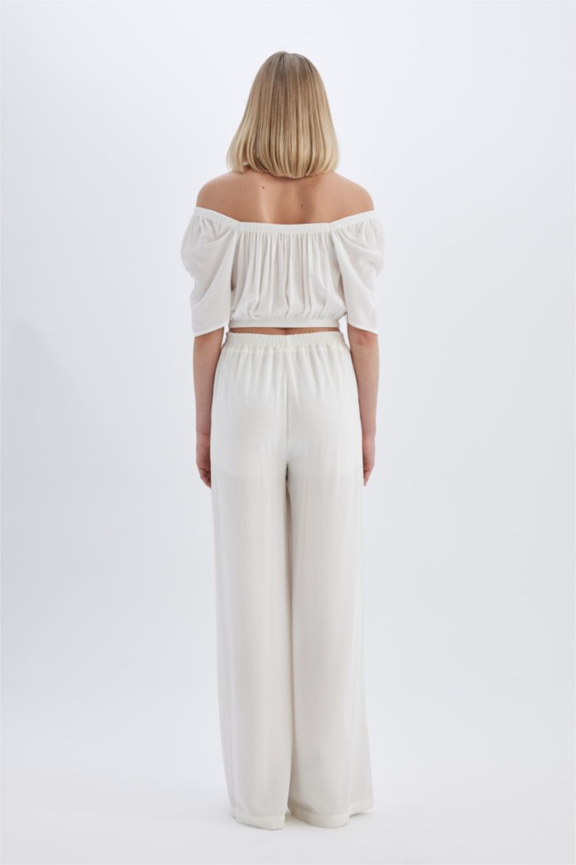 FEMME Blanc Pantalon Large Basique en Viscose à Taille Haute et Longueur Standard