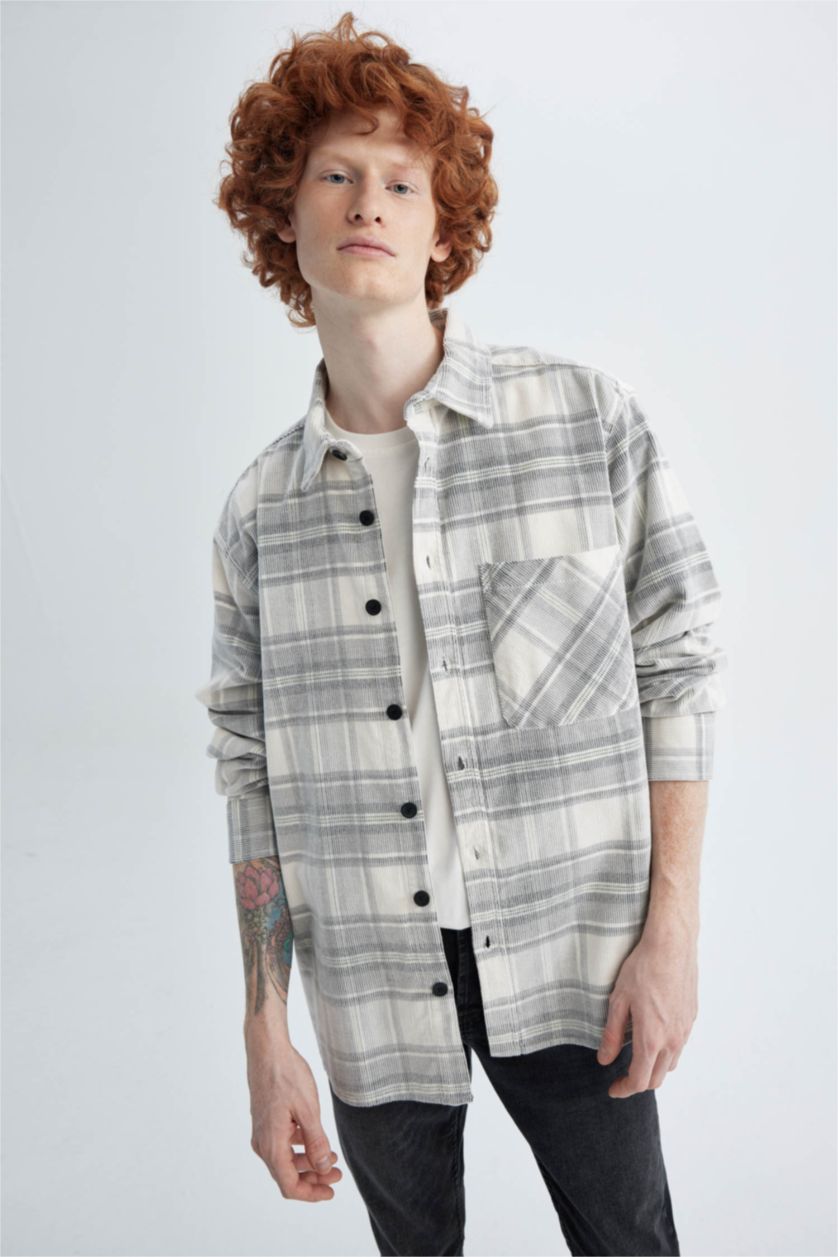 Erkek Açık Gri Regular Fıt Kareli Fitilli Kadife Uzun Kollu Gömlek