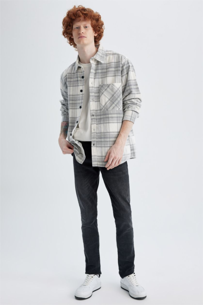 Erkek Açık Gri Regular Fıt Kareli Fitilli Kadife Uzun Kollu Gömlek