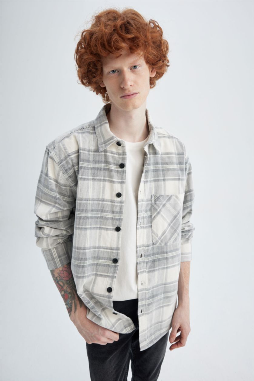 Erkek Açık Gri Regular Fıt Kareli Fitilli Kadife Uzun Kollu Gömlek