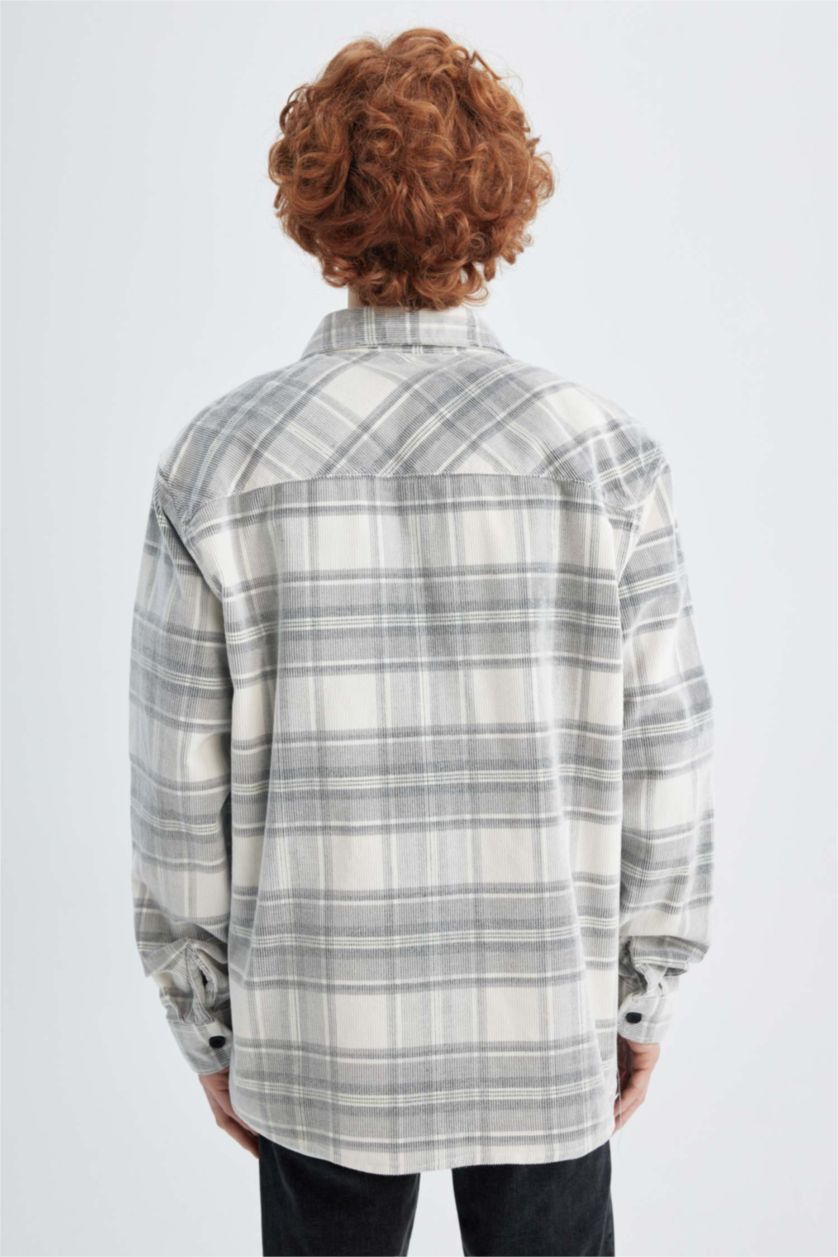 Erkek Açık Gri Regular Fıt Kareli Fitilli Kadife Uzun Kollu Gömlek